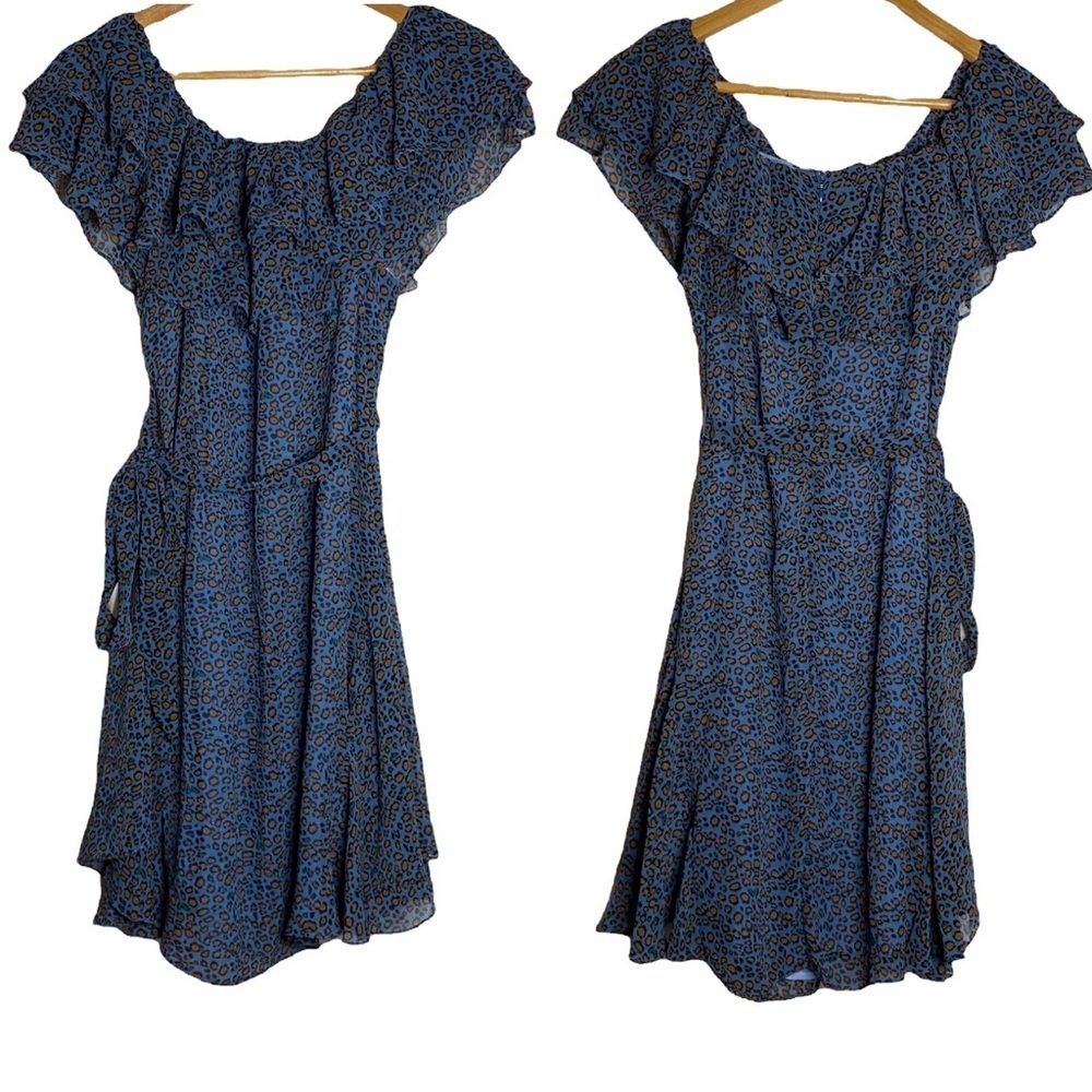 See The Shades Blue Leopard Print Boatneck Chiffon Mini A Line Dress Medium M